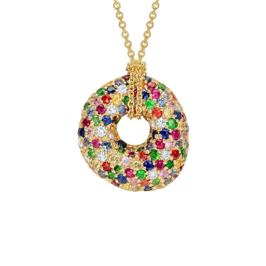 9ct Yellow Gold Diamond, Sapphire and Tsavorite Sprinkled Doughnut Pendant and Chain