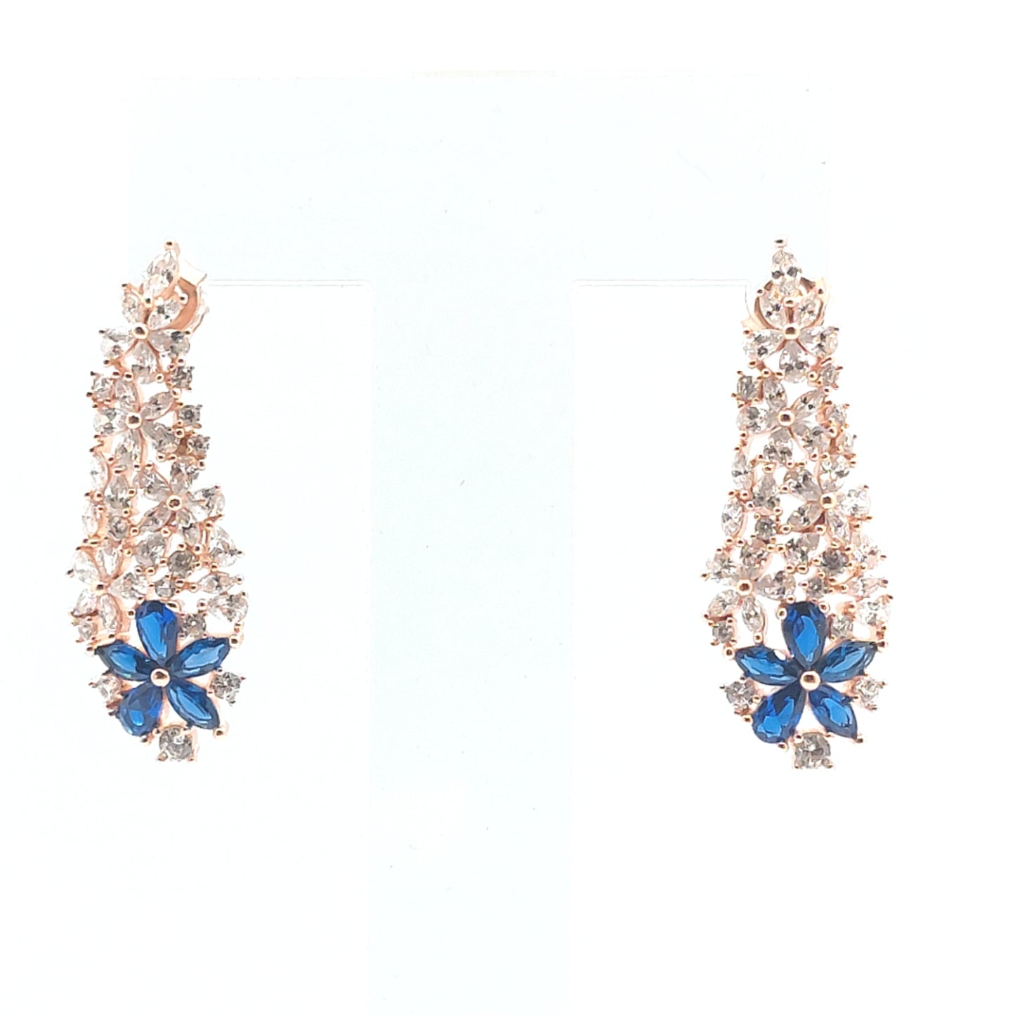 925 rose gold blue flower cz drop earrings