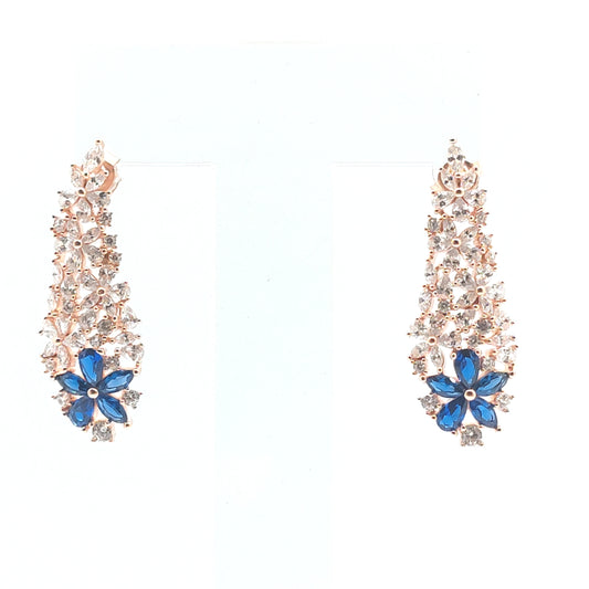 925 rose gold blue flower cz drop earrings