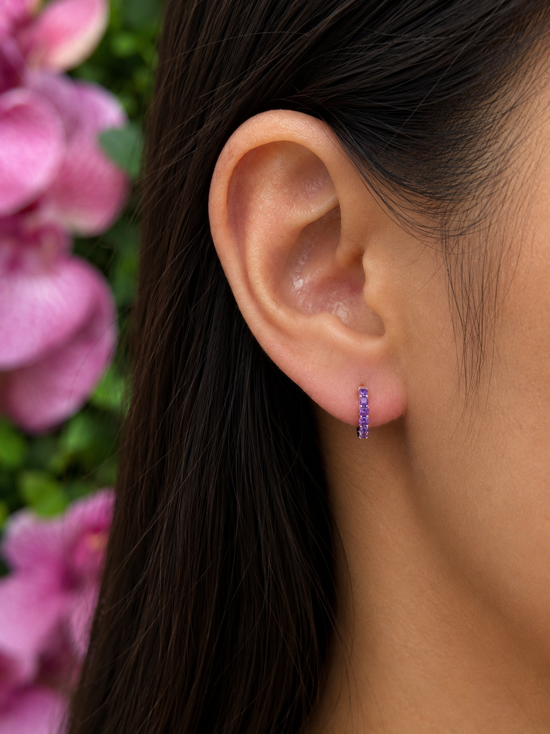 9ct Amethyst and Diamond White Gold Huggie Hoop Earrings