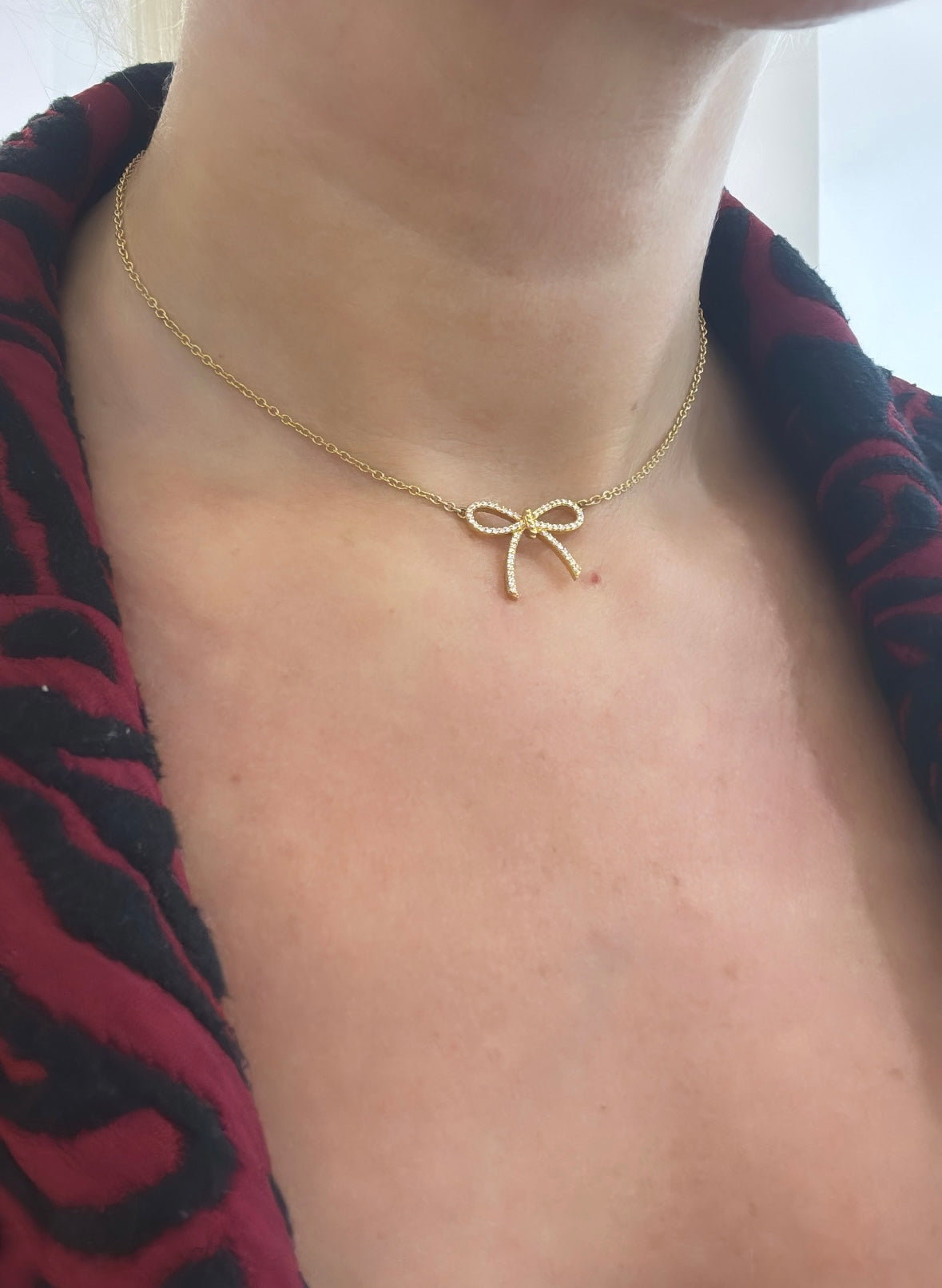 Bespoke Diamond Set Bow Pendant Necklace in 18ct Yellow Gold Adjustable Choker 14" to 16" Necklace