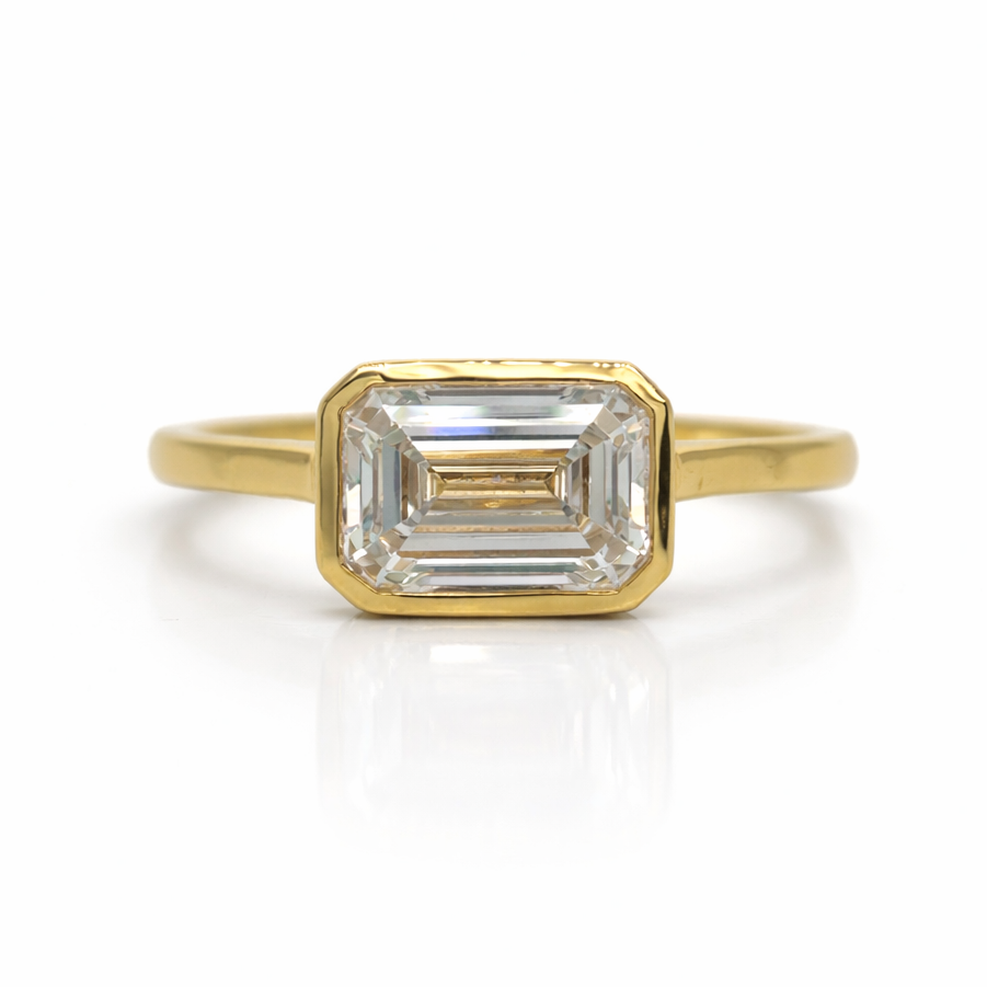 Emerald Cut Diamond, Bezel Set Ring in 18ct Yellow Gold