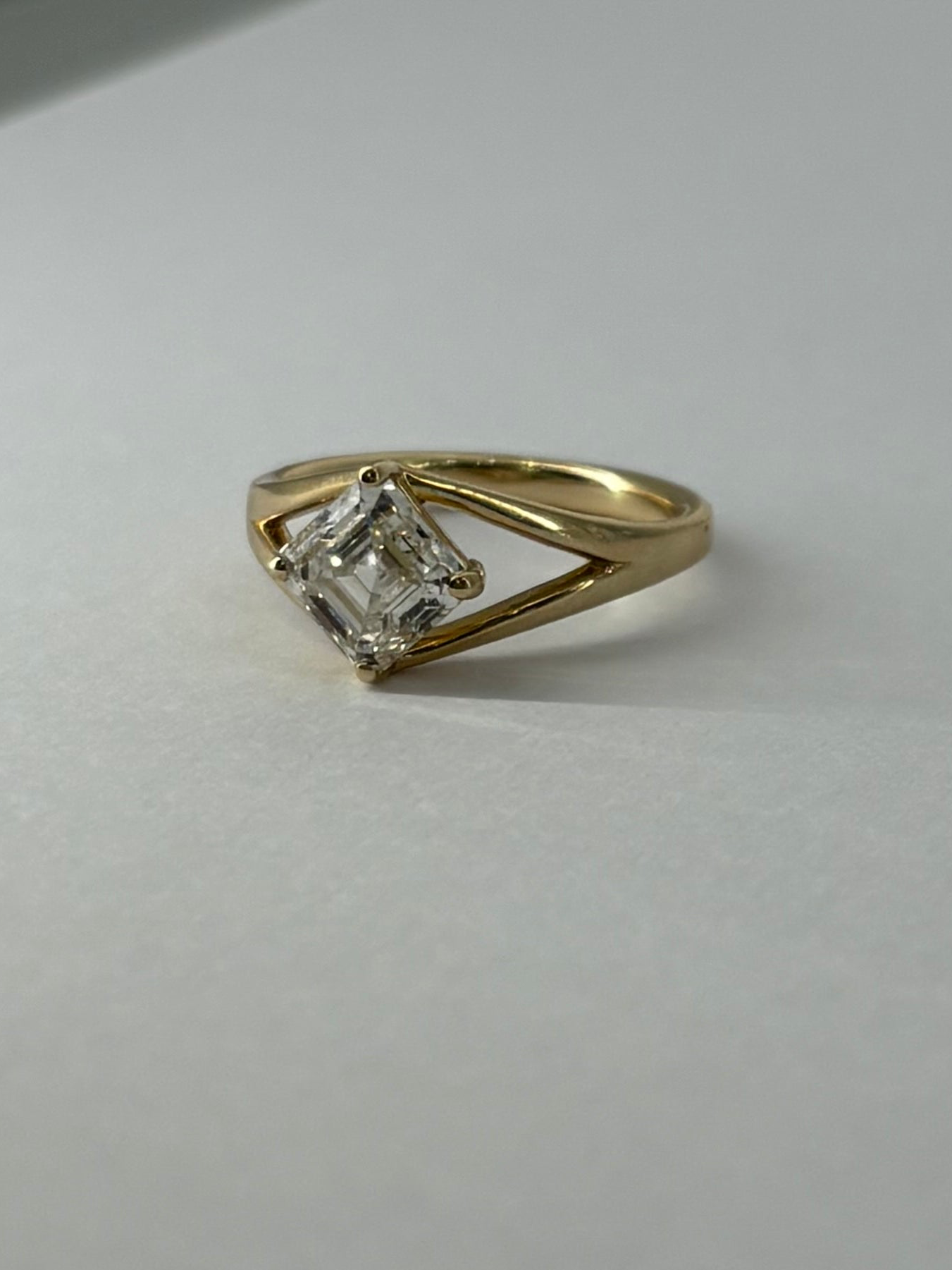 Asscher cut diamond 9ct Yellow gold split shoulder engagement ring