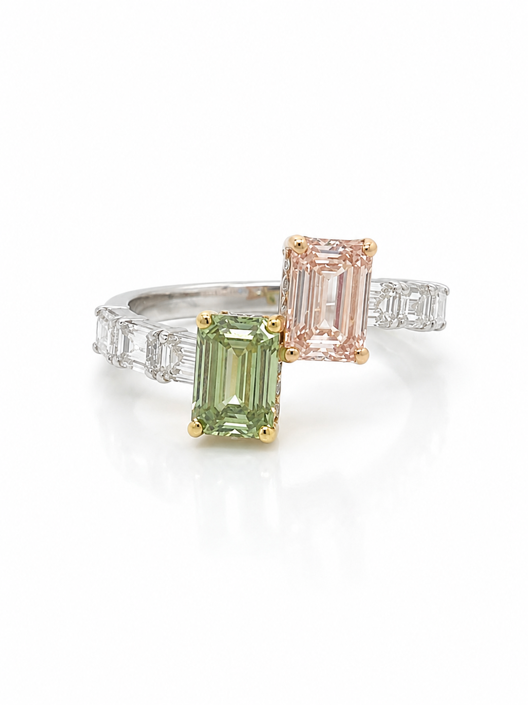 Pink and Green Diamond Multi cut Ring in White Gold