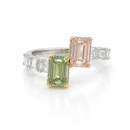 Pink and Green Diamond Multi cut Ring in White Gold