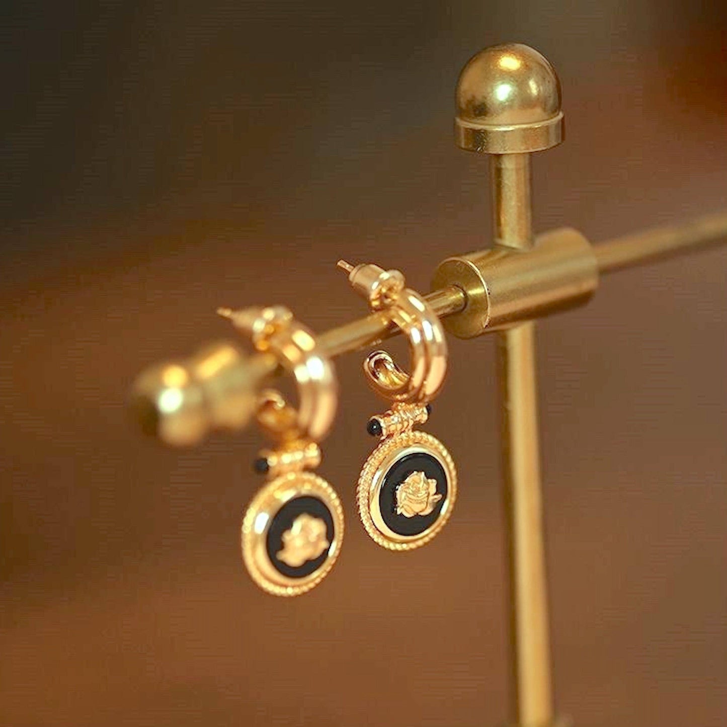 Vintage inspired detailed design Rose pendant earrings with black enamel-gold vermeil