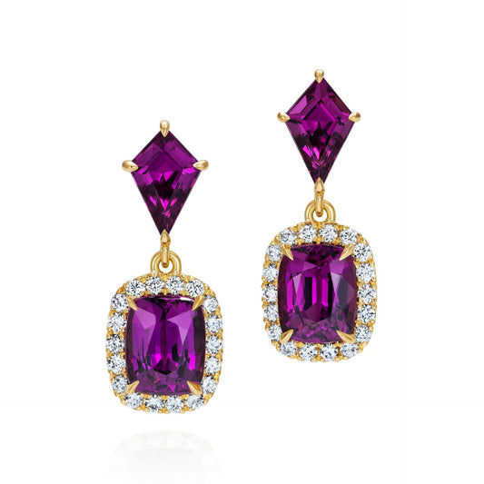 18ct yellow gold Diamond and Purple Garnet Kite Drop Earrings