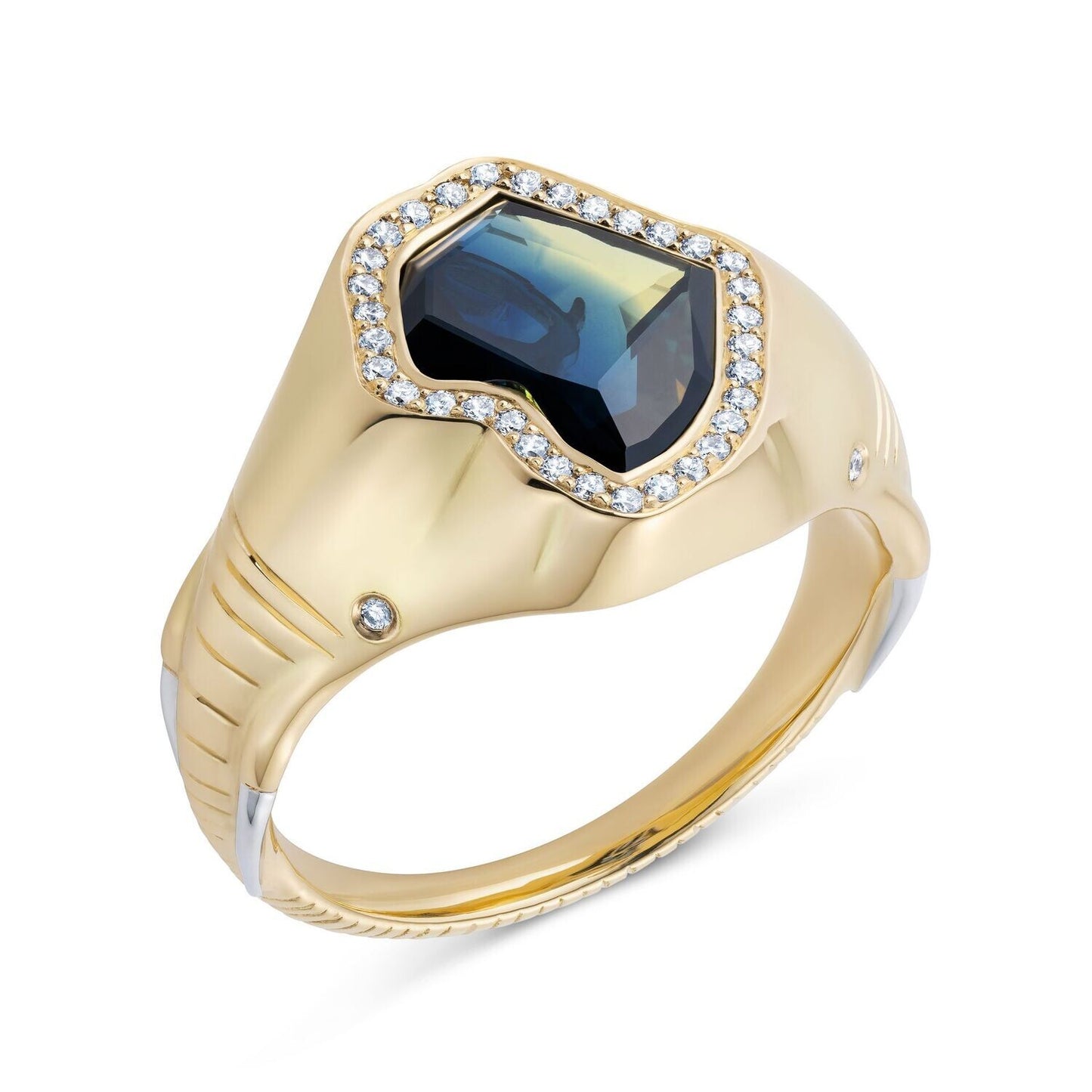 18ct Yellow Gold and Platinum Africa Elephant Sapphire Diamond Signet Ring