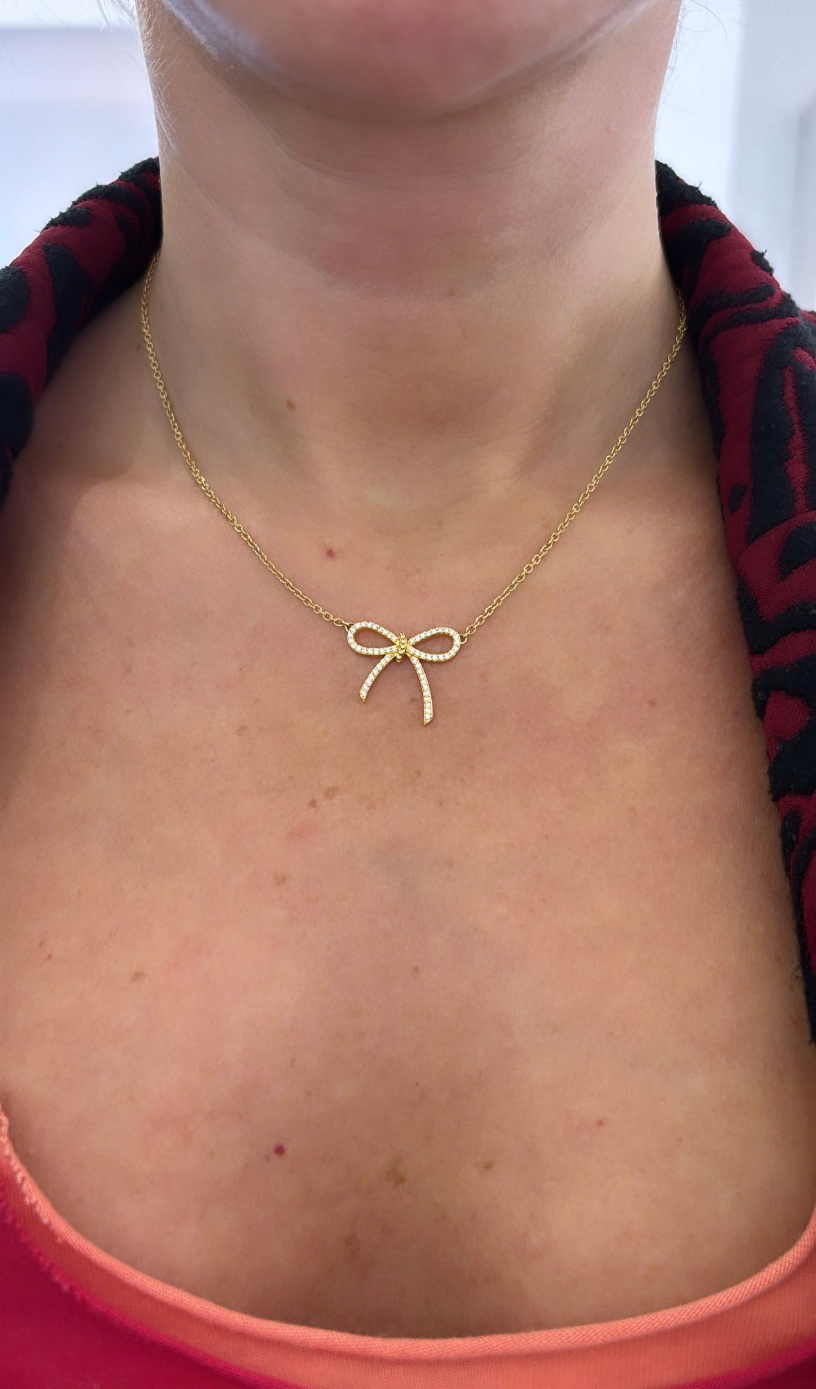 Bespoke Diamond Set Bow Pendant Necklace in 18ct Yellow Gold Adjustable Choker 14" to 16" Necklace