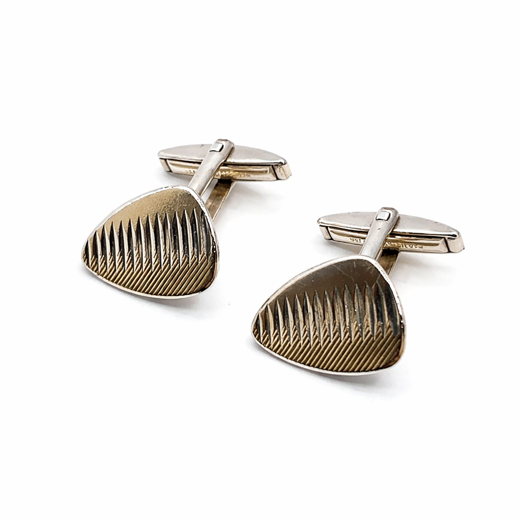 Vintage Sterling Silver Engraved, Gold Plated Plectrum Shape Cufflinks