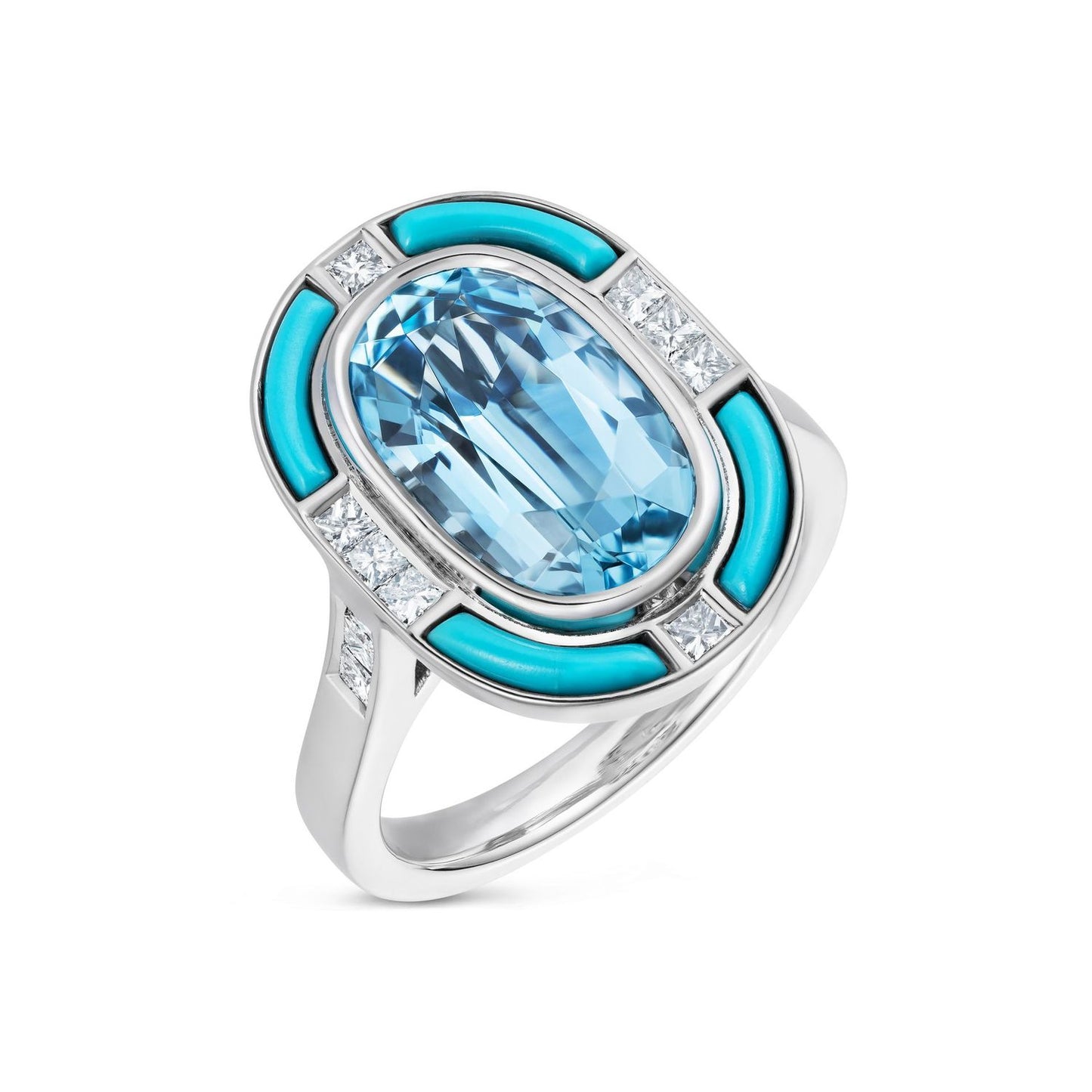 Aquamarine, Diamond and Turquoise Halo Ring Platinum