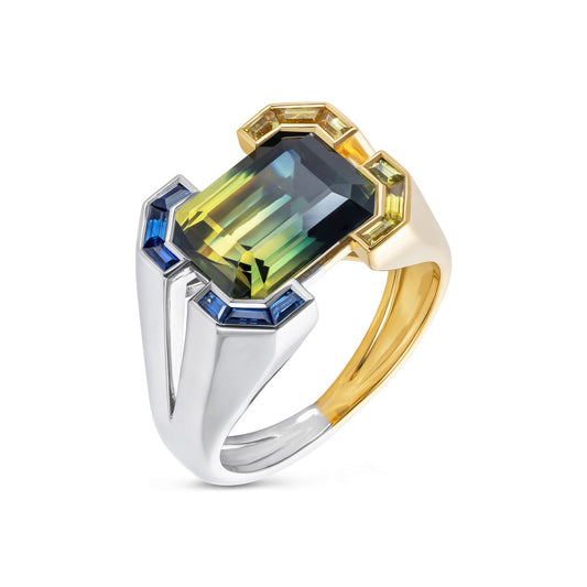 18ct Yellow Gold and Platinum Gemini Five Carat Octagonal Parti Sapphire Ring