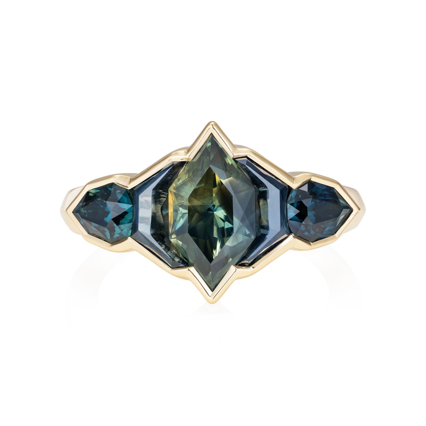 Blue, Yellow and Teal Sapphire, Diamond, 18ct Yellow Gold and Platinum Nebula 5 Stone Ring