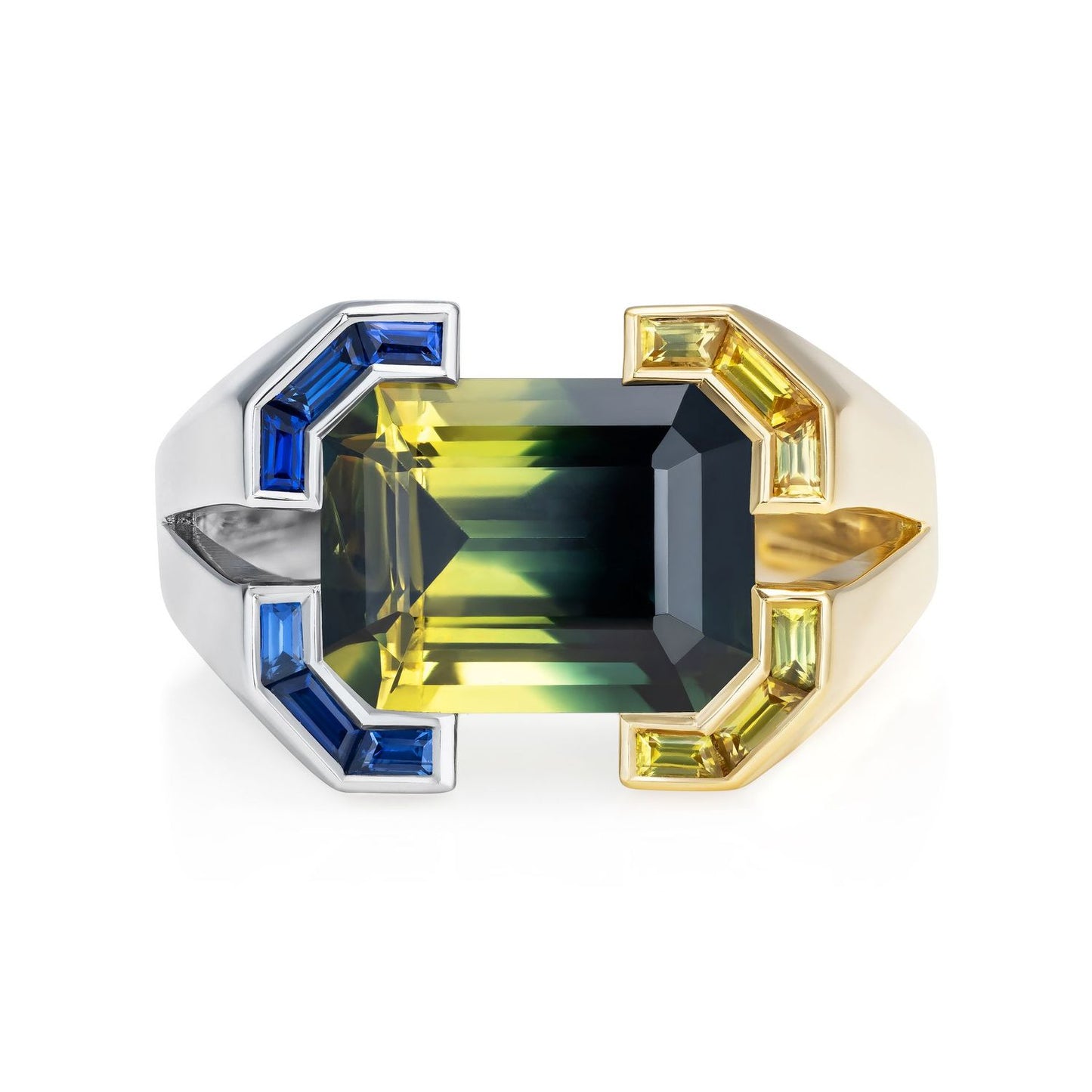 18ct Yellow Gold and Platinum Gemini Five Carat Octagonal Parti Sapphire Ring