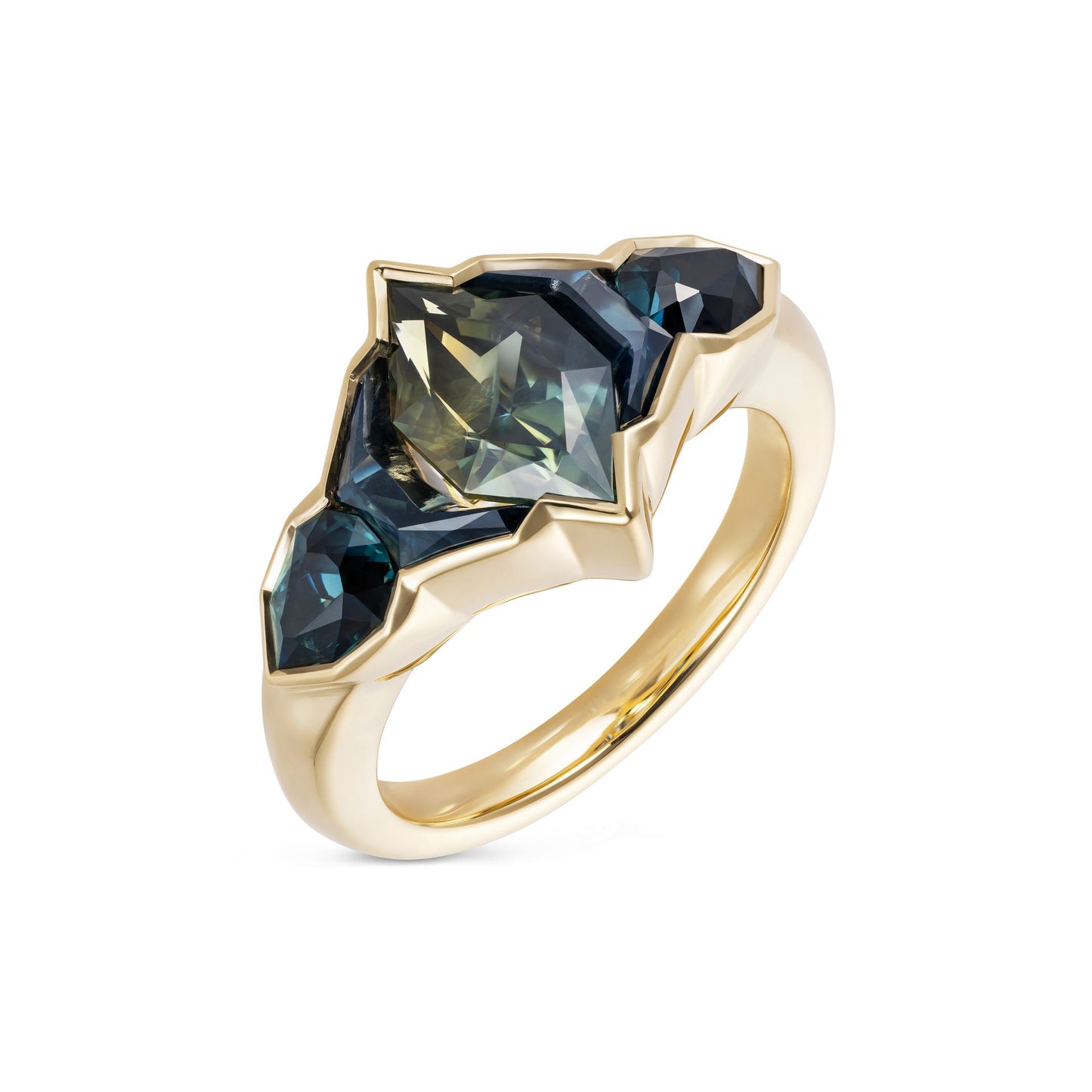 Blue, Yellow and Teal Sapphire, Diamond, 18ct Yellow Gold and Platinum Nebula 5 Stone Ring