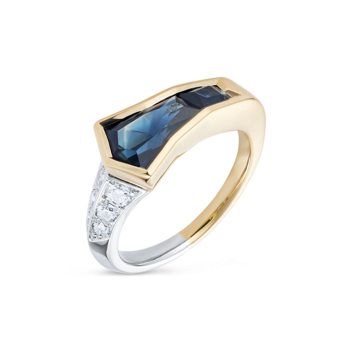 18ct Yellow Gold and Platinum Blue and Teal Sapphire Nebula Ring