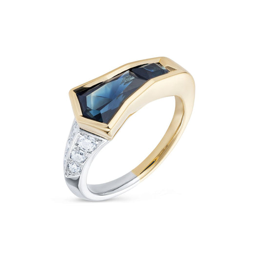 18ct Yellow Gold and Platinum Blue and Teal Sapphire Nebula Ring
