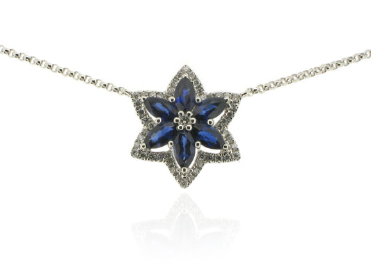 18ct White Gold Diamond & Blue Sapphire Floral Pendant