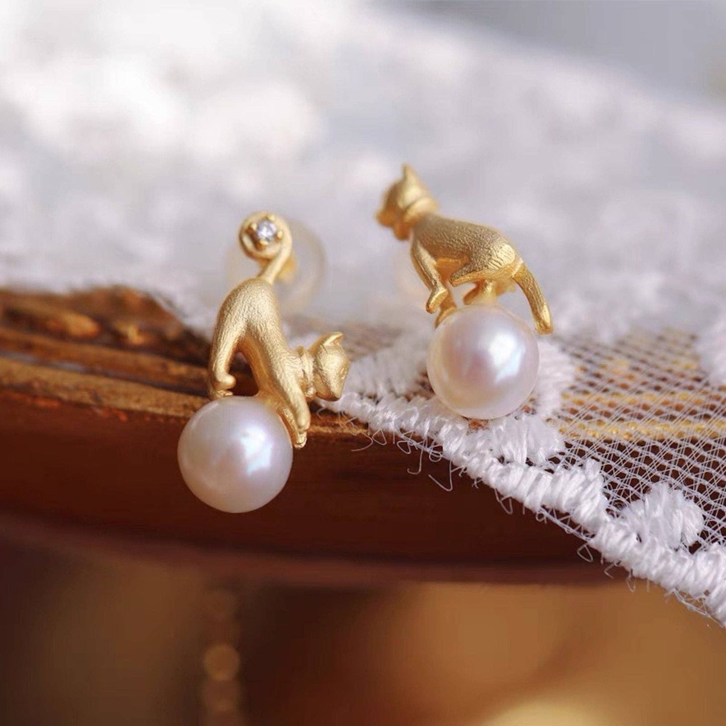 Sterling Silver, 18ct Gold Vermeil Cute Cat Stud Earrings