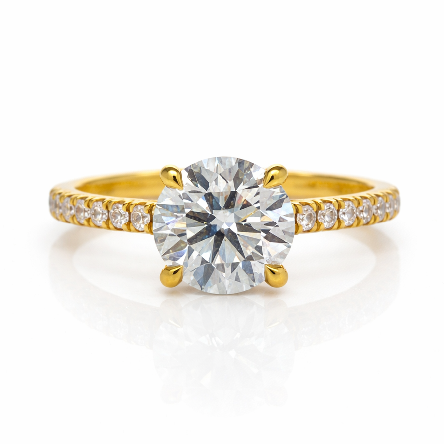 Lab Grown Round Brilliant Solitaire Ring with Diamond Set Shoulders in 18ct Yellow Gold