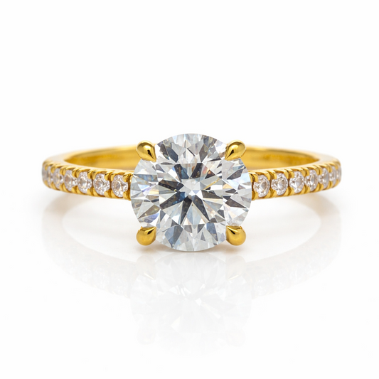 Lab Grown Round Brilliant Solitaire Ring with Diamond Set Shoulders in 18ct Yellow Gold
