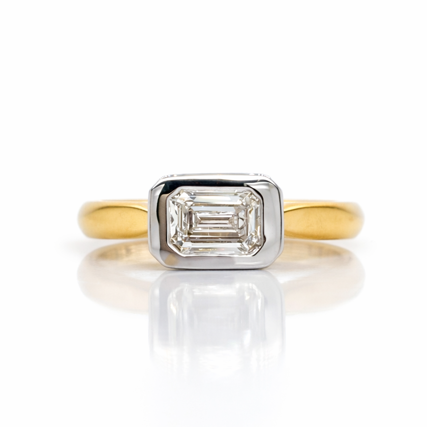 Monroe’s 1.01ct Emerald Cut Lab Grown Diamond Bezel Set Ring in 9ct Yellow Gold