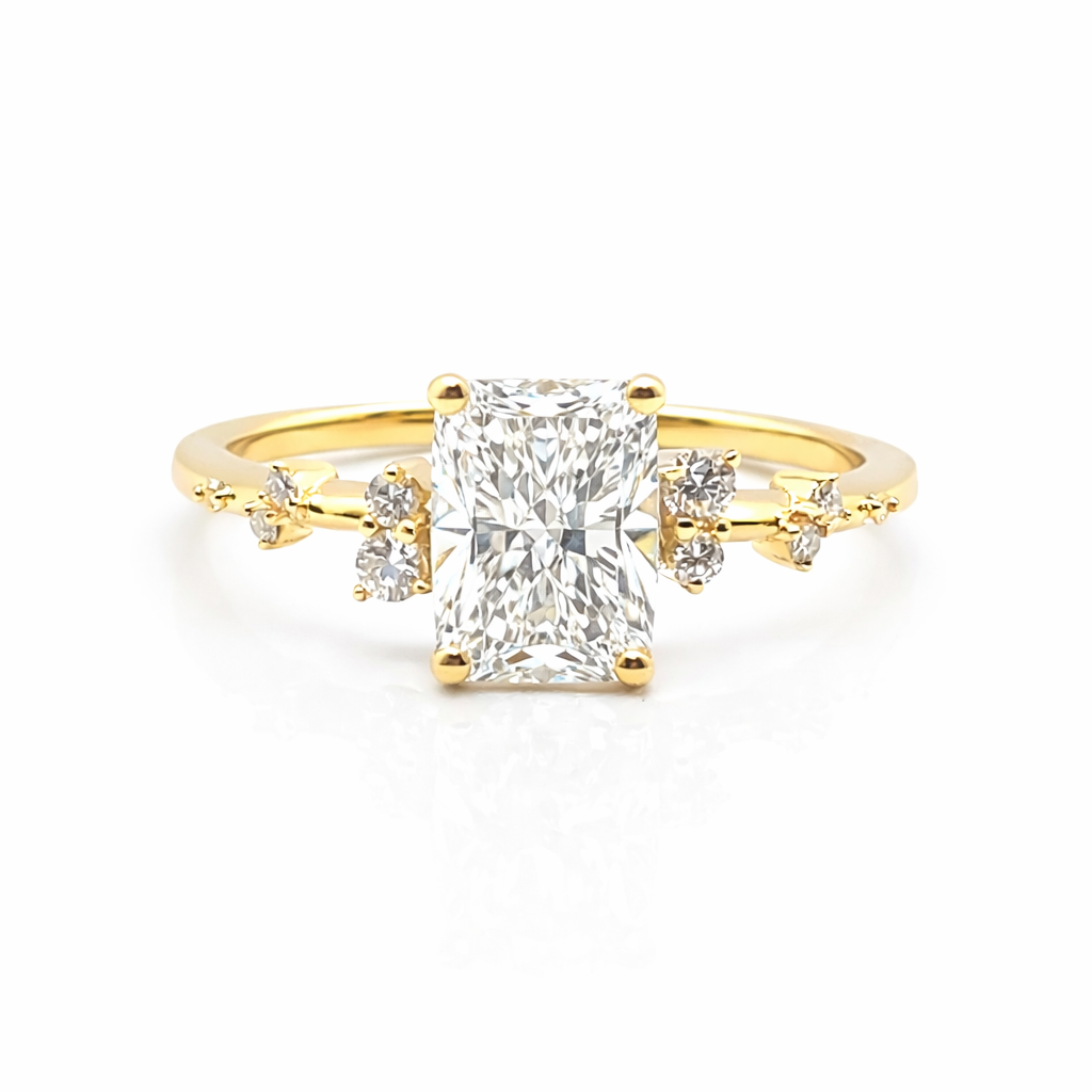 Monroe's "Flowing Nature" Cushion Cut Diamond With Scattered Set Diamonds 18ct Yellow Gold Engagement Ring