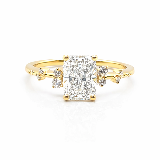 Monroe's "Flowing Nature" Cushion Cut Diamond With Scattered Set Diamonds 18ct Yellow Gold Engagement Ring