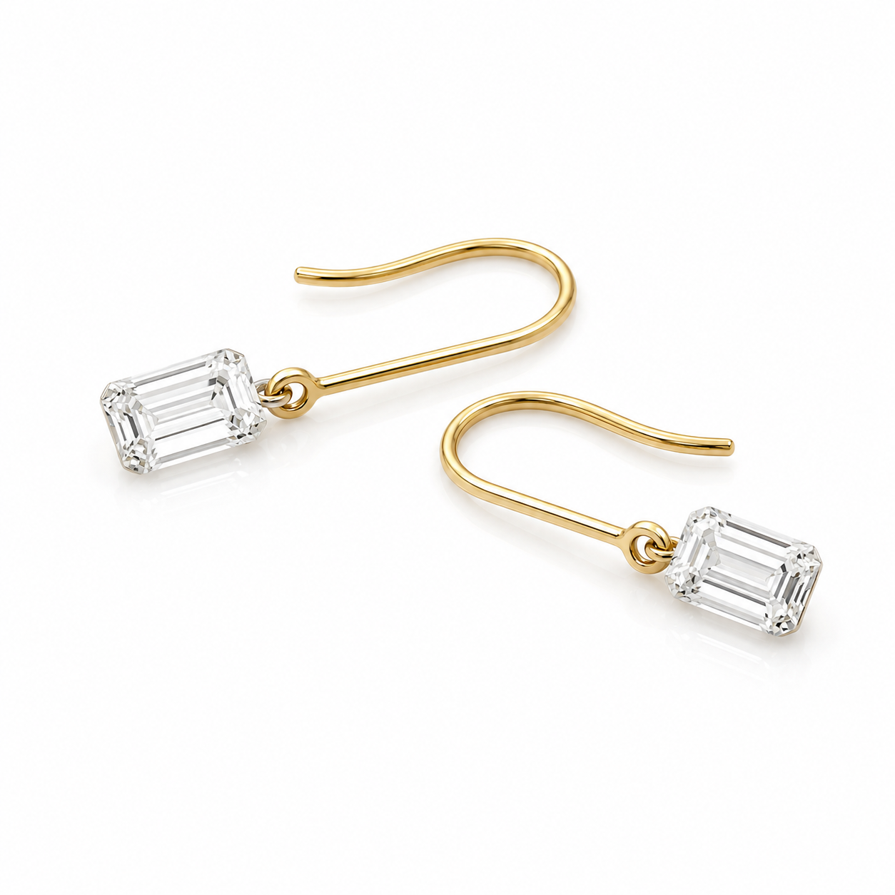 Floating Emerald Cut Drilled Diamond Drop Earrings In 9ct Yellow Gold