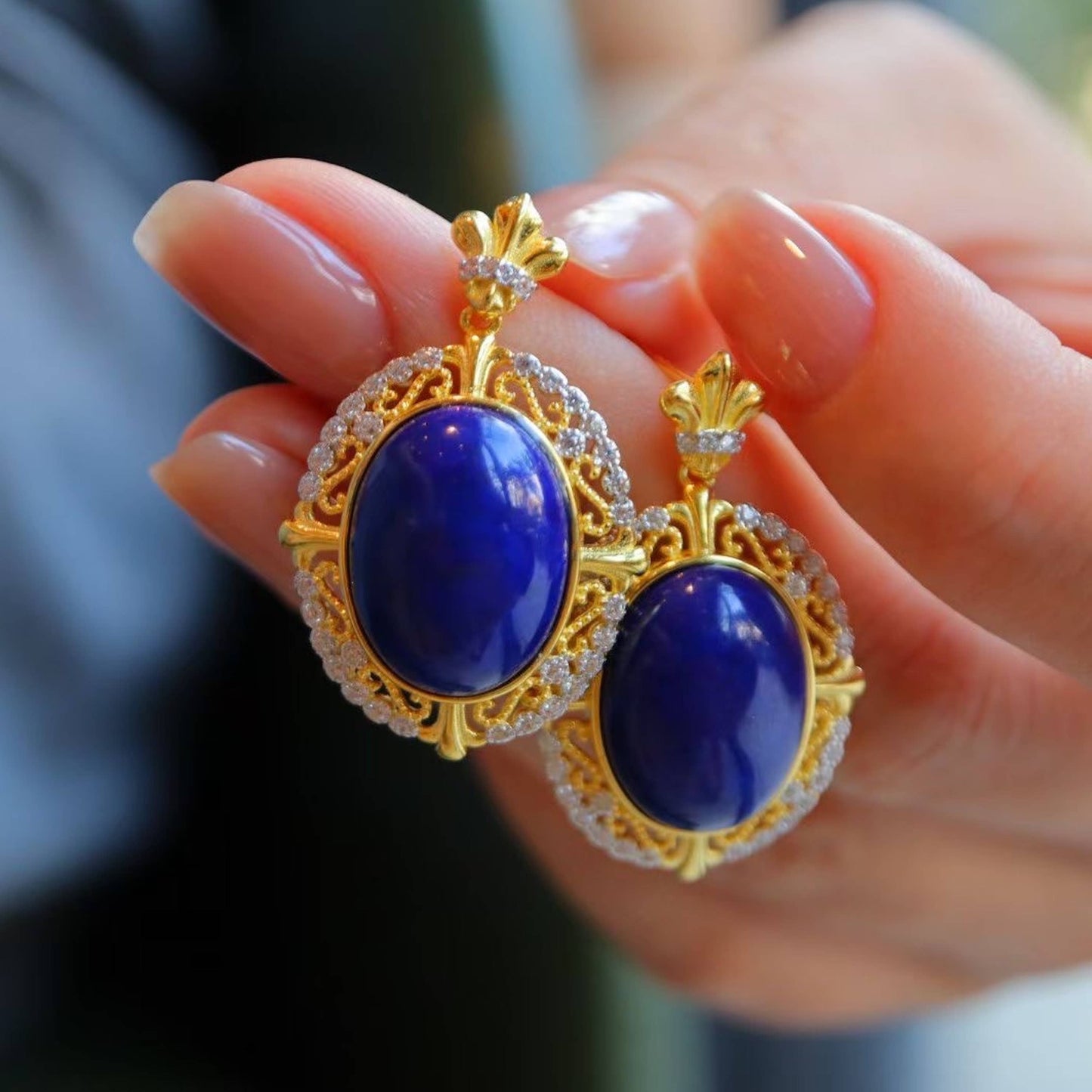 Sterling Silver Gold Vermeil Royal Lapis Lazuli Renaissance Style Earrings
