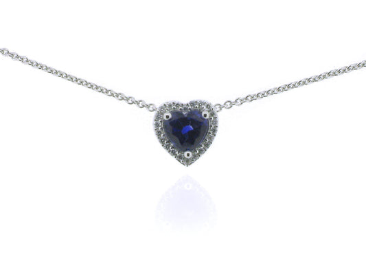 18ct White Gold Diamond & Blue Sapphire Heart Pendant