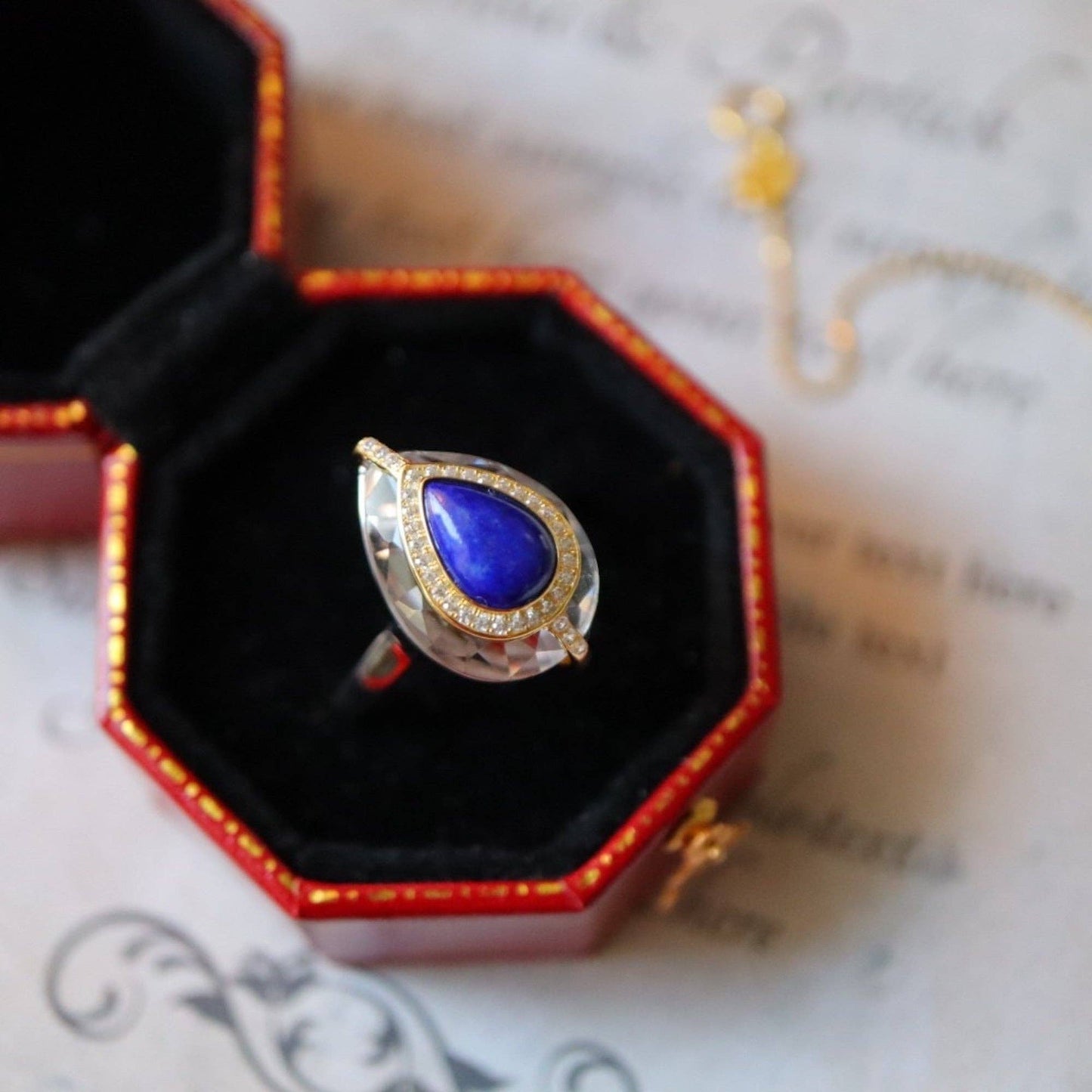 Gold Vermeil Lapis Lazuli Pear Cut Clear Crystal Adjustable Ring
