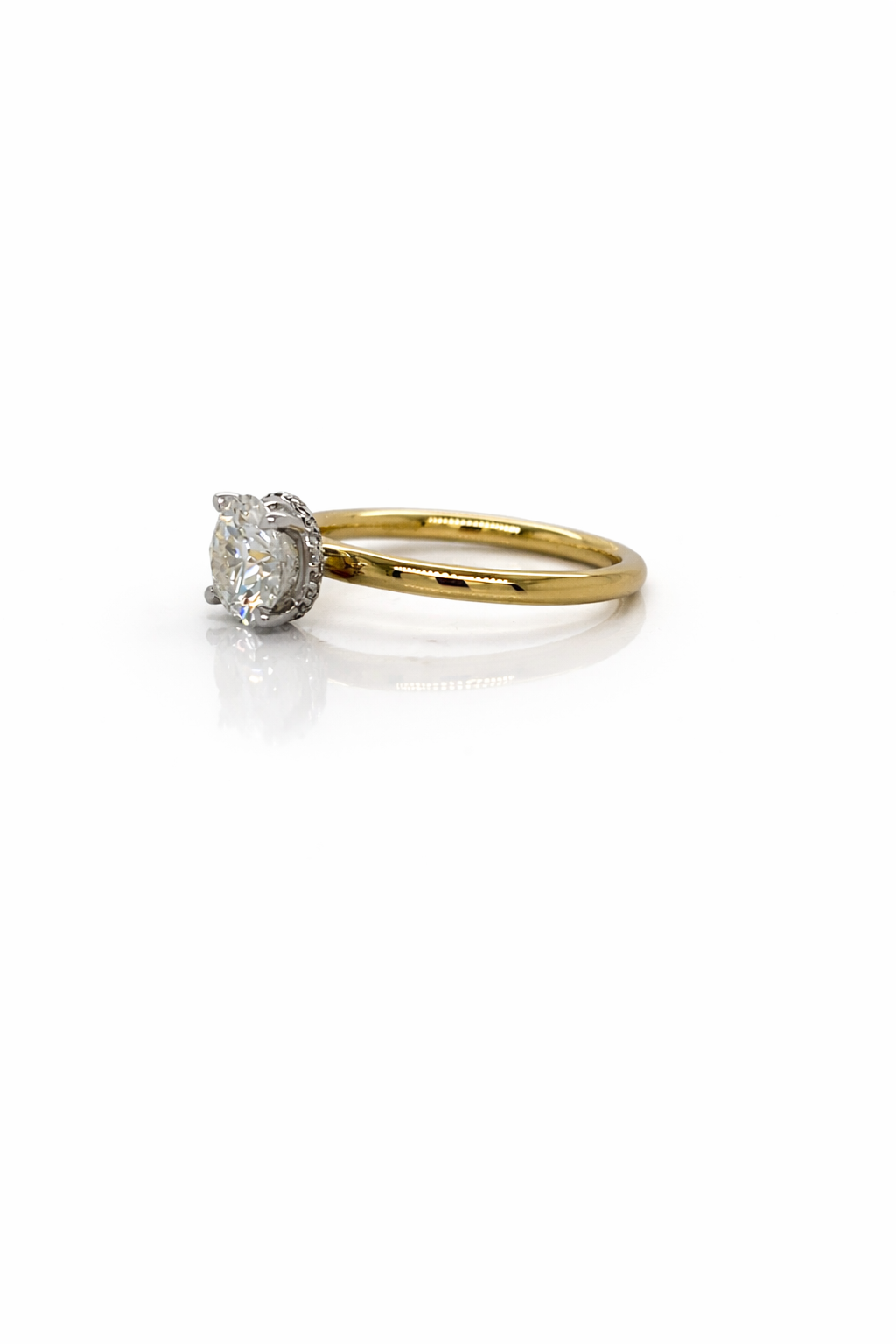 1ct Round Brilliant Cut Diamond Solitaire Hidden Halo Engagement Ring in 18ct Yellow Gold