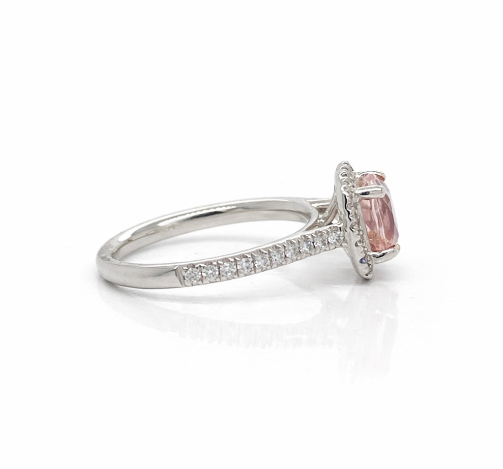 Cushion Cut Morganite Centre with Diamond Halo Ring set in Platinum