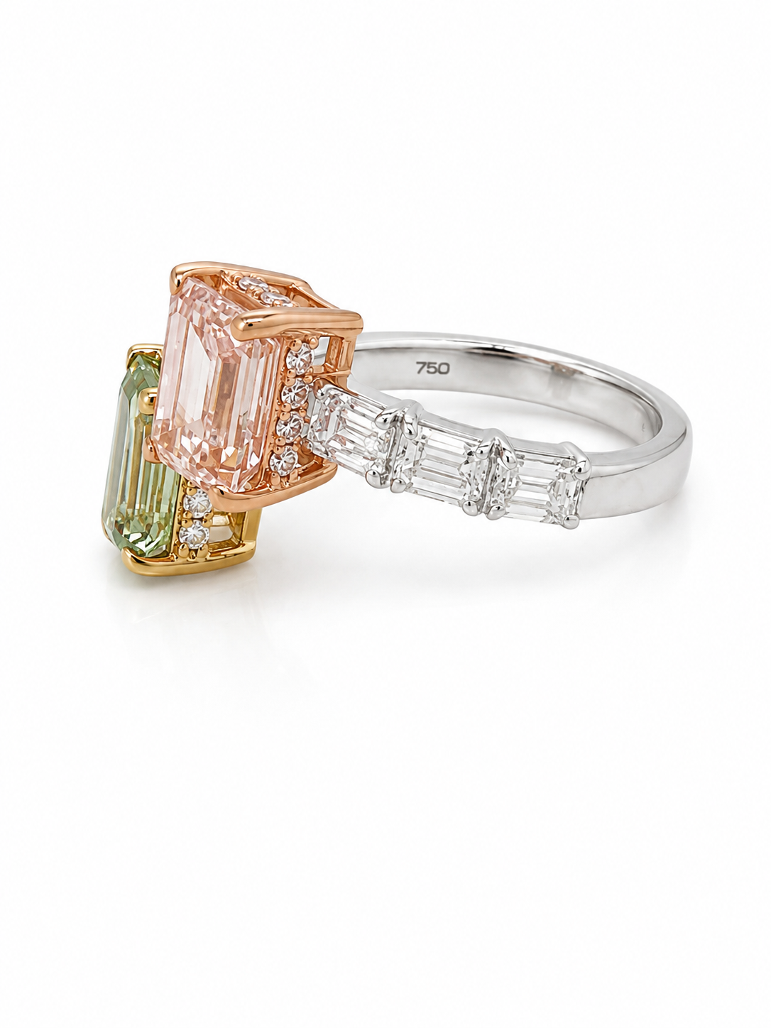 Pink and Green Diamond Multi cut Ring in White Gold