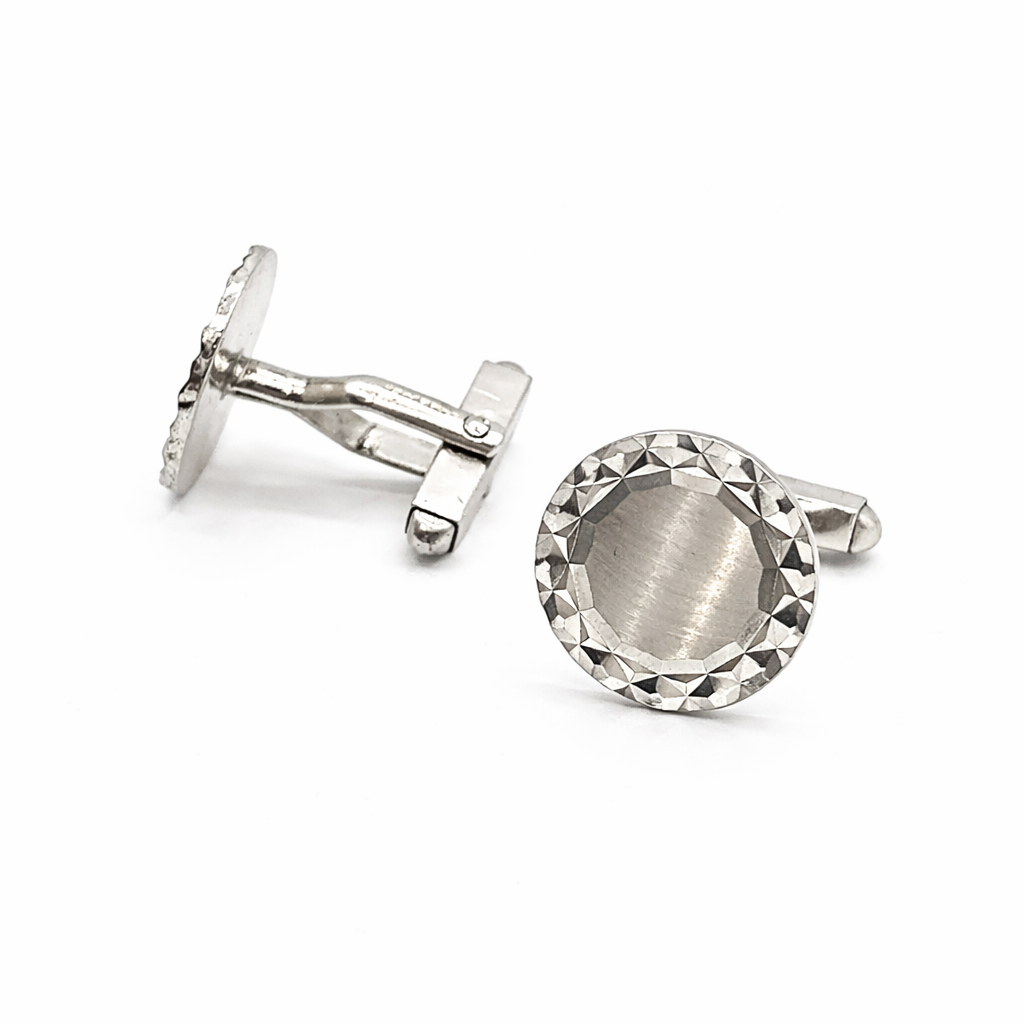 Vintage 1970s, Round Solid Sterling Silver Diamond Engraved Effect Bright Cut Cufflinks