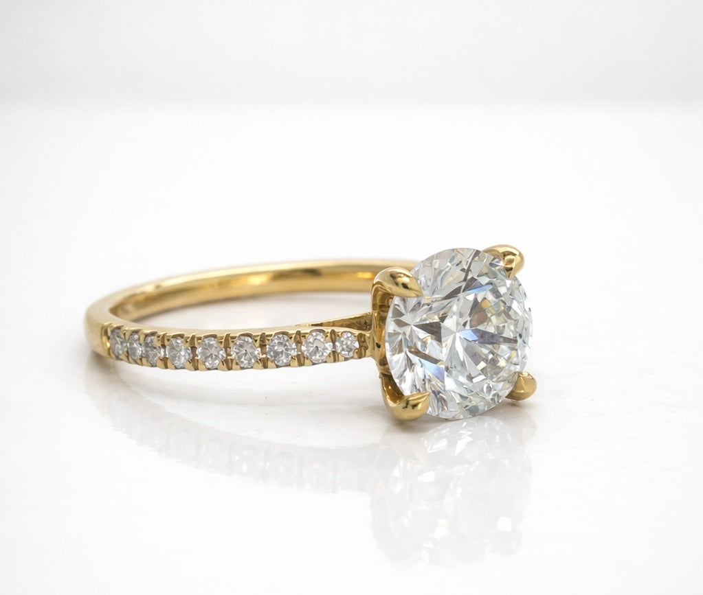 Lab Grown Round Brilliant Solitaire Ring with Diamond Set Shoulders in 18ct Yellow Gold