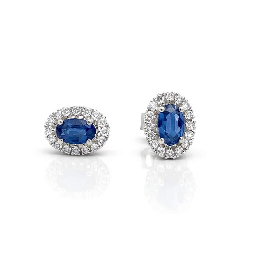Oval Cut Sapphire and Diamond Halo Stud Earrings in 18ct White Gold
