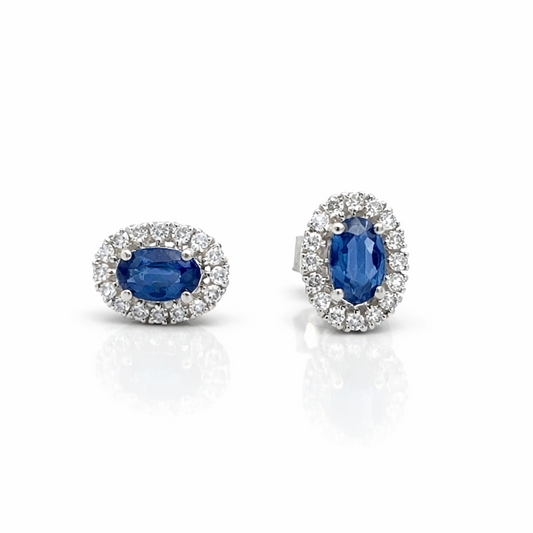 Oval Cut Sapphire and Diamond Halo Stud Earrings in 18ct White Gold