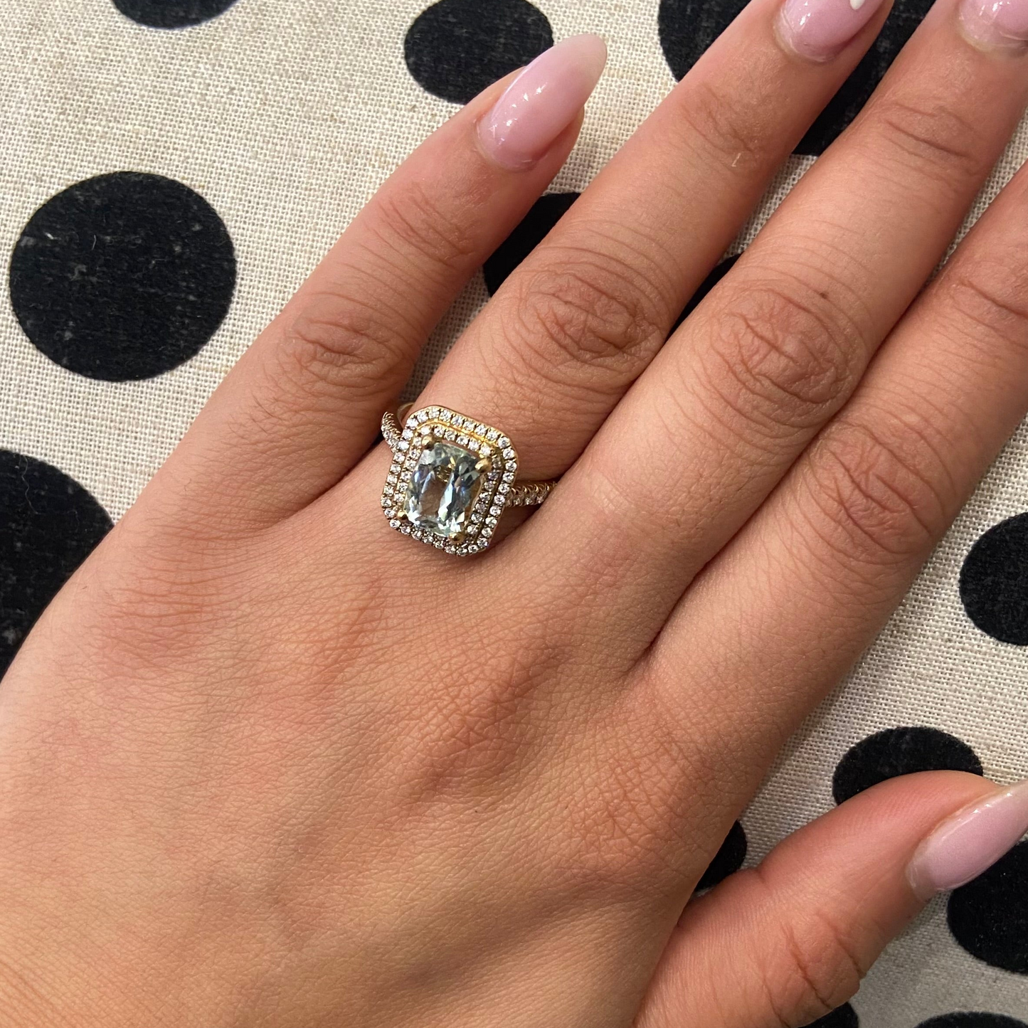 Elongated Cushion Cut Water Beryl, Double Diamond Octagonal Halo, 9ct Yellow Gold Cocktail Ring