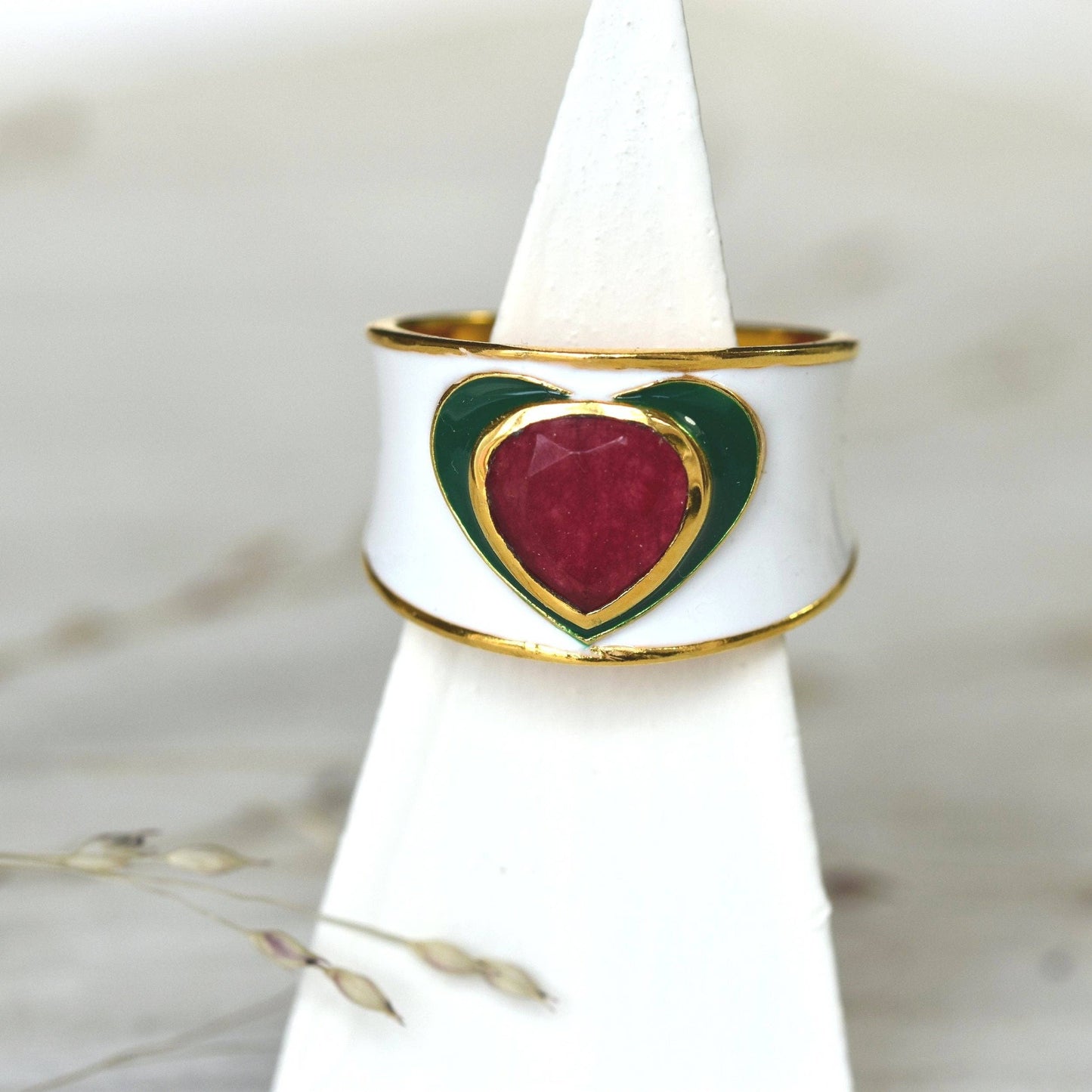 Love Heart Ring in White Enamel with Fuschia Chalcedony Gemstone
