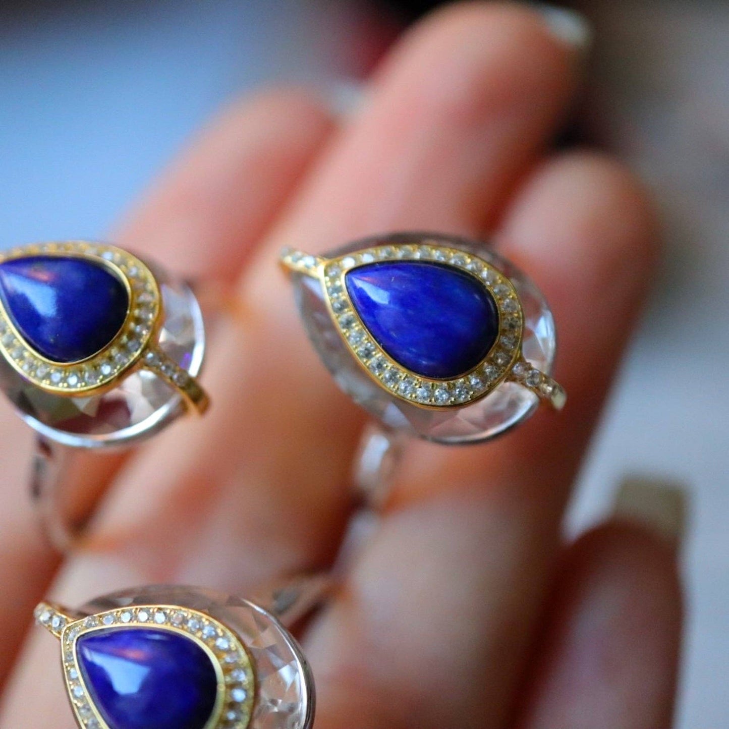 Gold Vermeil Lapis Lazuli Pear Cut Clear Crystal Adjustable Ring