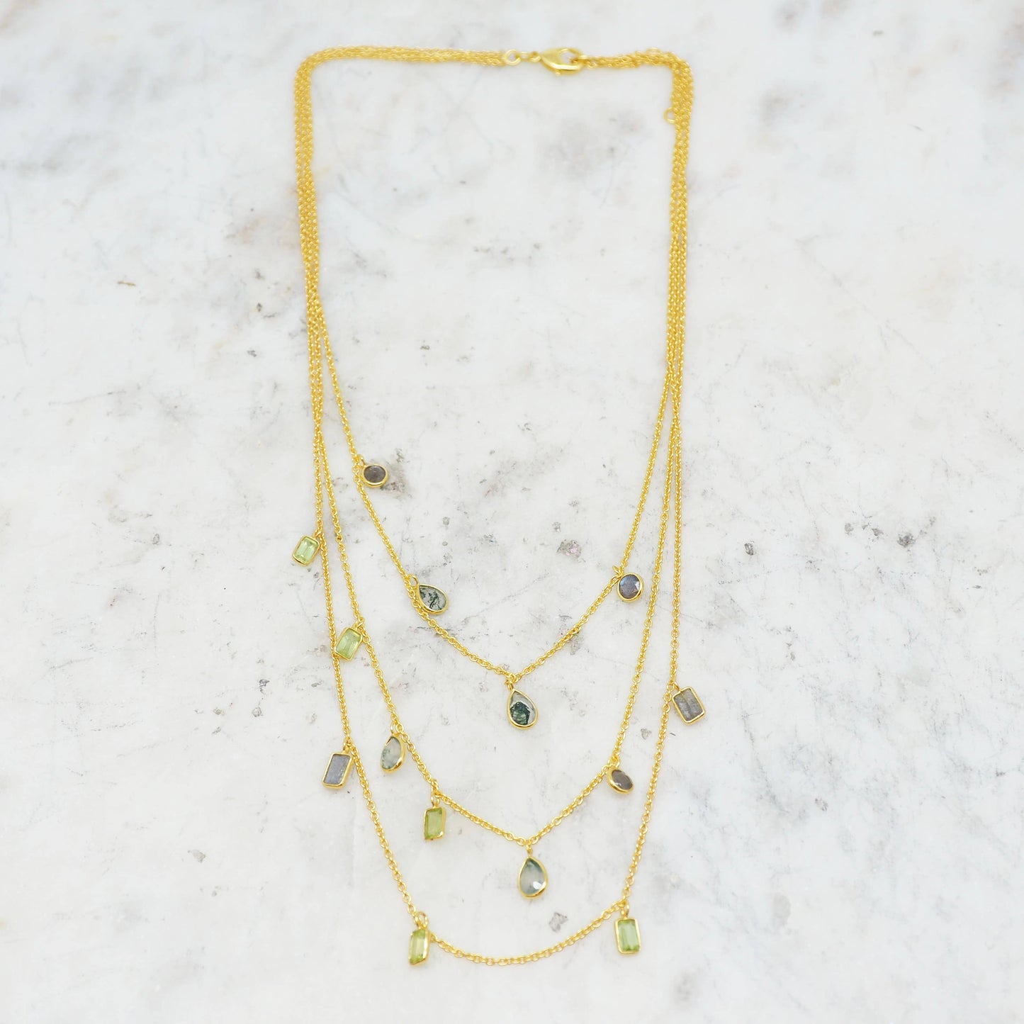 Gold Plated 3 Layer Necklace with Labradorite, Peridot and Moss Agate Stones