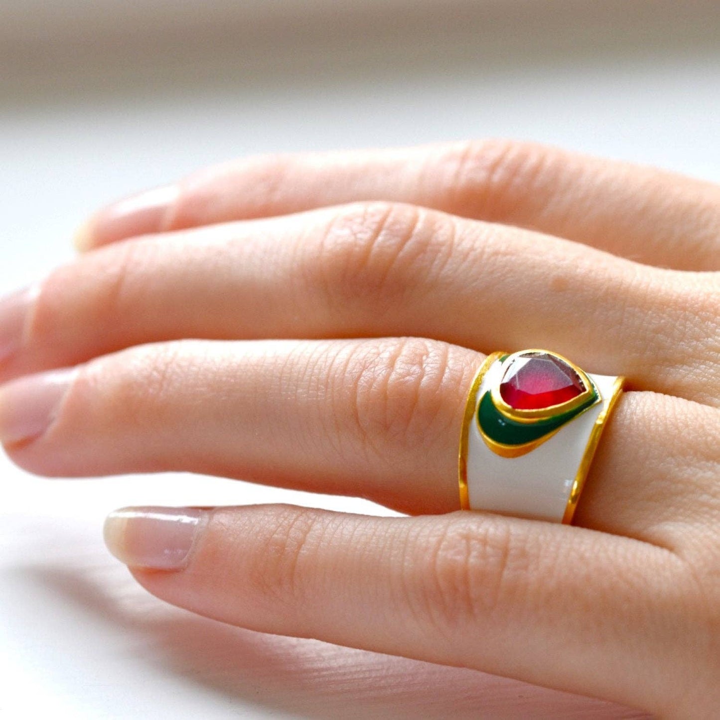 Love Heart Ring in White Enamel with Fuschia Chalcedony Gemstone