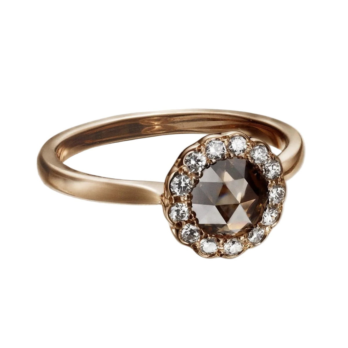 Zahr 0.95ct Rose Cut Brown Diamond Halo Ring 18ct Rose Gold
