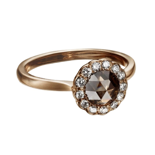 Zahr 0.95ct Rose Cut Brown Diamond Halo Ring 18ct Rose Gold
