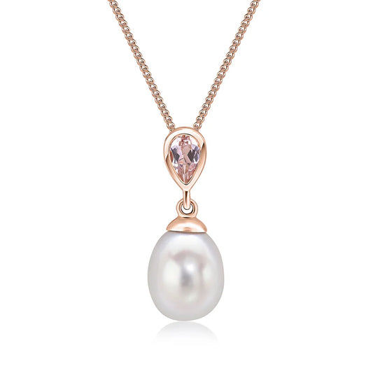 9CT Rose Gold Pearl & Pear Shaped Morganite Drop Pendant