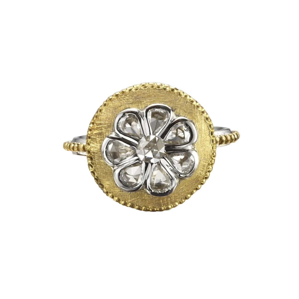 L'or Floral Shield Rose Cut Diamond Ring 24ct Gold Platinum