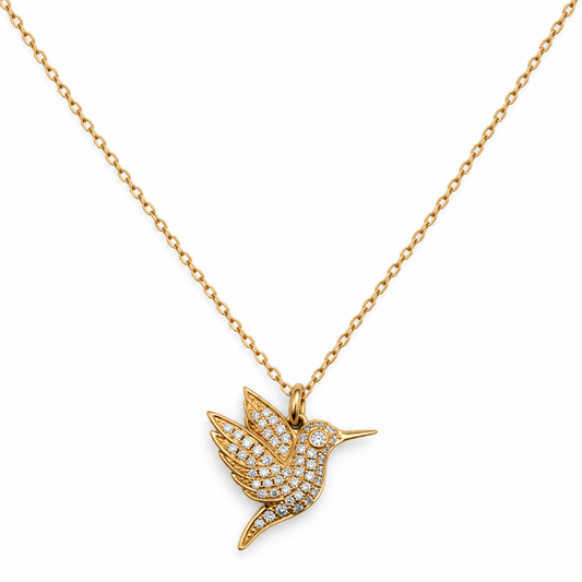 Diamond Hummingbird Solitaire Pendant Necklace in 14ct Yellow Gold