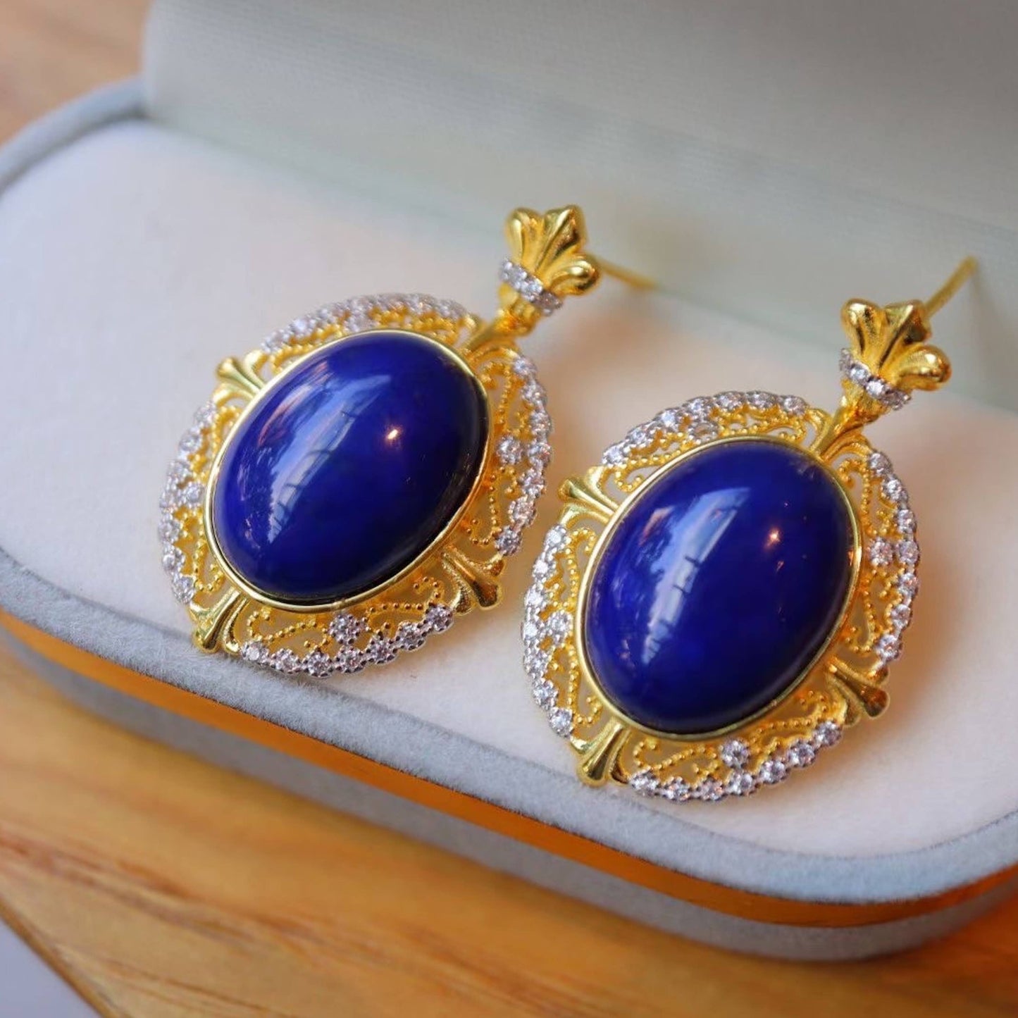 Sterling Silver Gold Vermeil Royal Lapis Lazuli Renaissance Style Earrings
